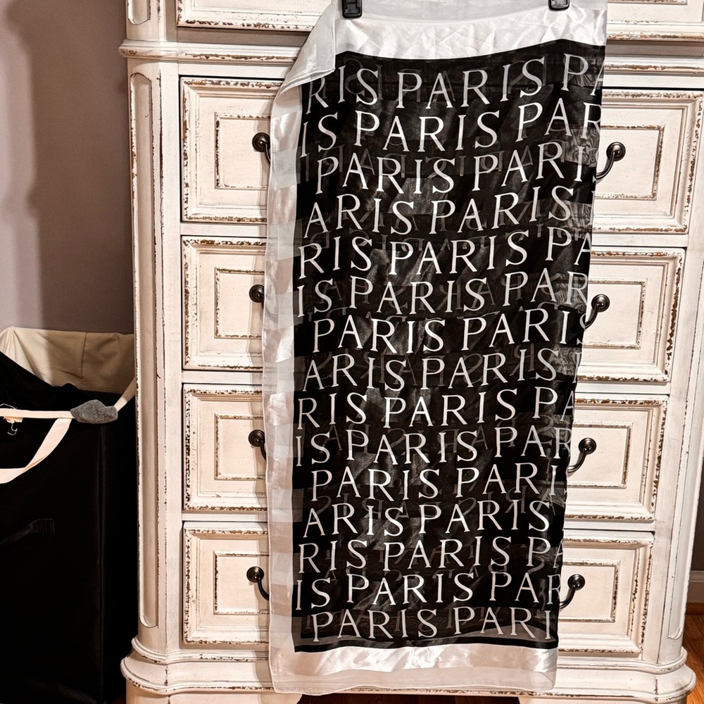 Paris Black and white scarf wrap with “PARIS” printed all over
